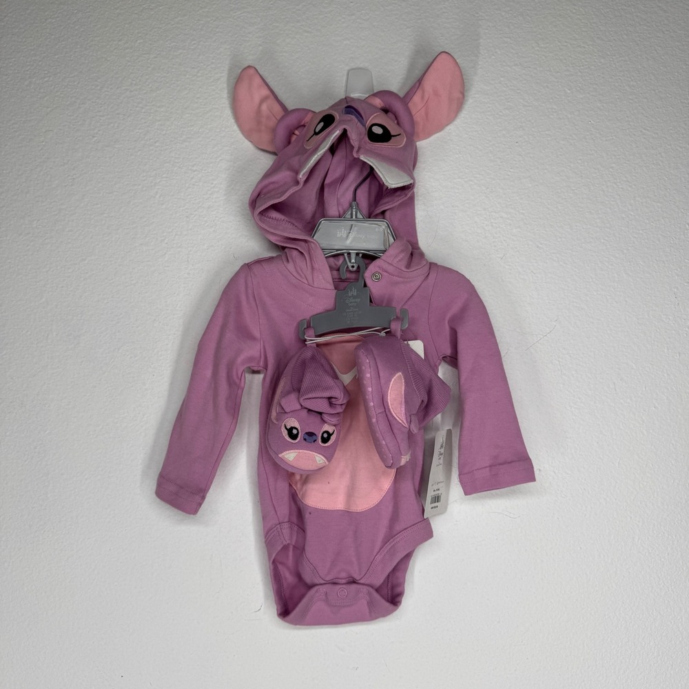 Disney Baby Angel Lilo & Stitch Hooded Bodysuit and Booties Set NEW Pink 6-9M
